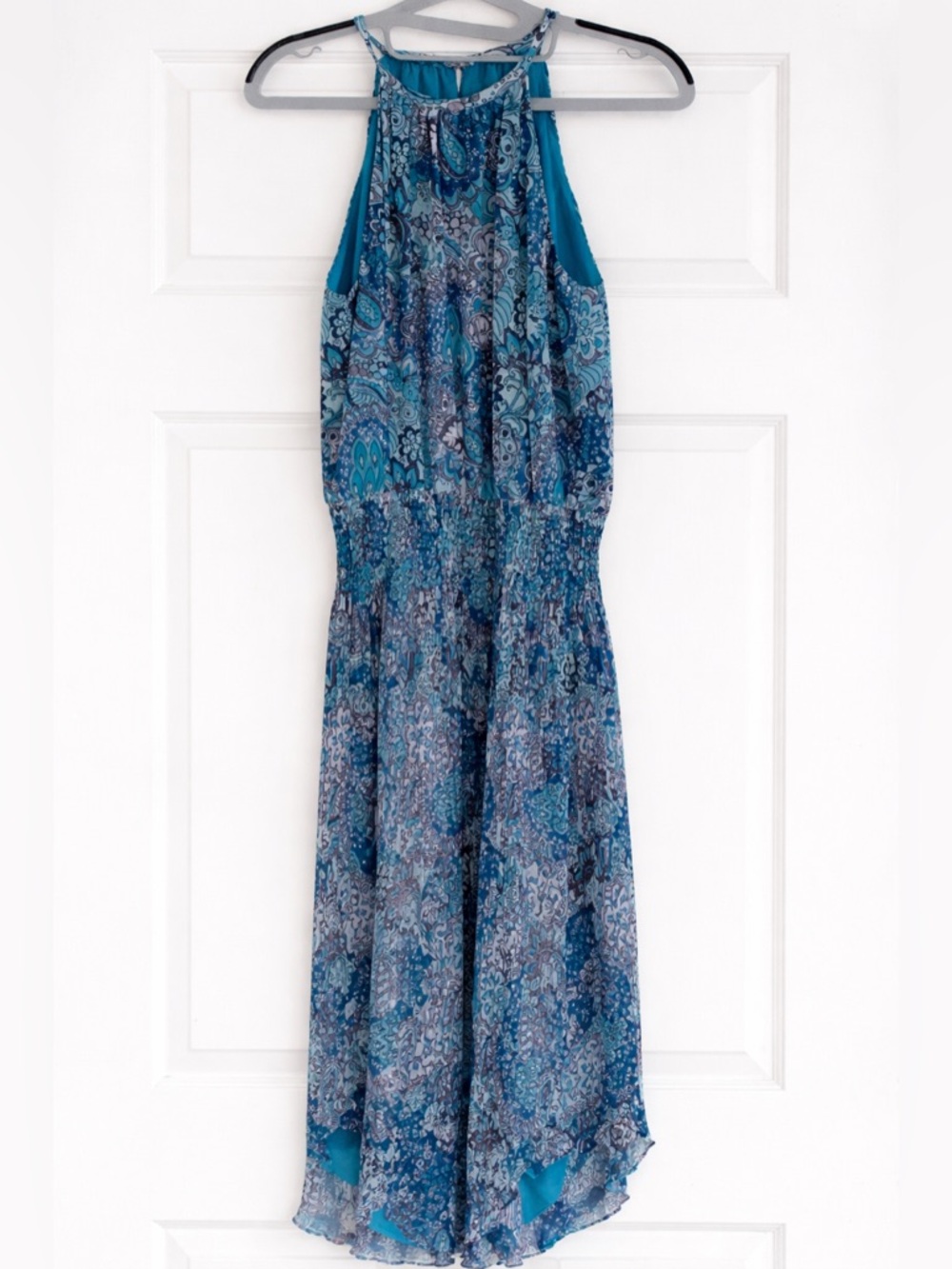 Ramy Brook Audrey Sleeveless Smocked Midi Dress Blue Paisley Floral Print M